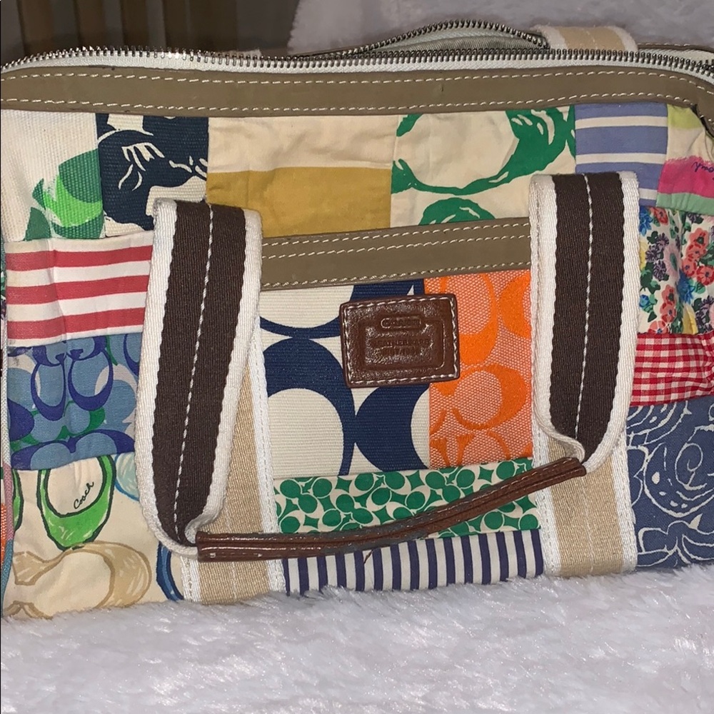 COACH Patchwork Madras Canvas Tote Bag Leather Accents